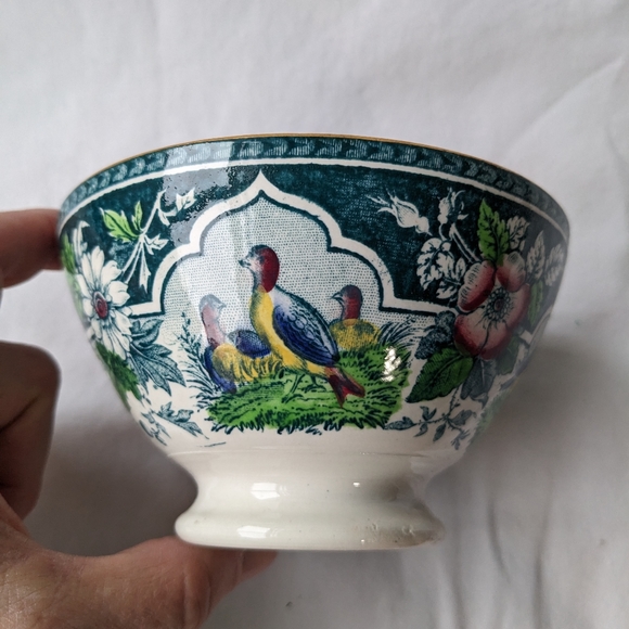 Antique PV France Pleasant Village Blue Floral Birds Open Sugar Footed Bowl - Picture 12 of 14